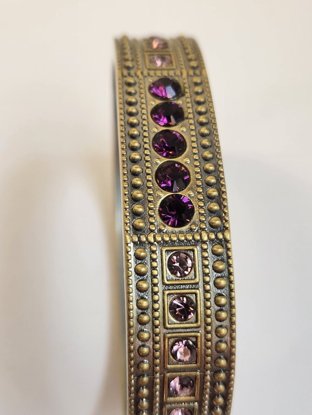 Vintage Amethyst Crystal Antiqued Gold Tone Hinged Bangle Bracelet